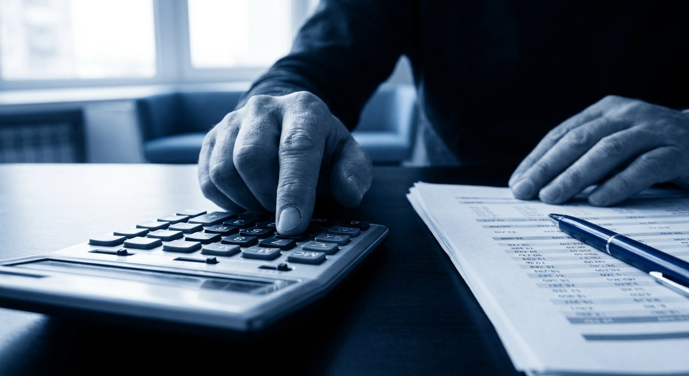 Persona calculando su cuota de autónomo con calculadora y documentos